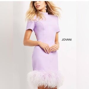 Jovani Lilac Mini Dress with Feather Hem and Open Back